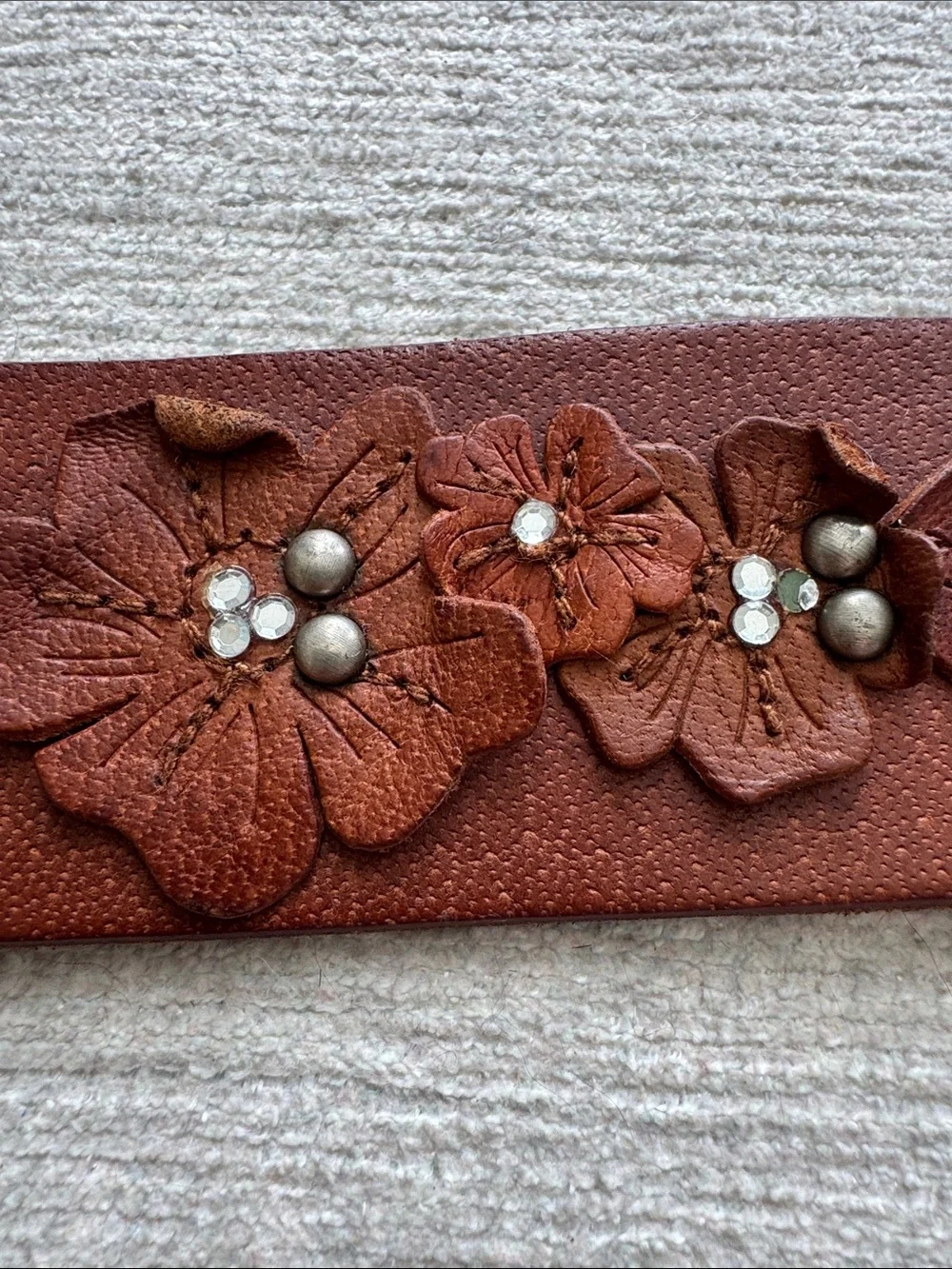 Hollister Brown Leather Floral Rhinestone Wide Belt Boho Y2K Western 40”